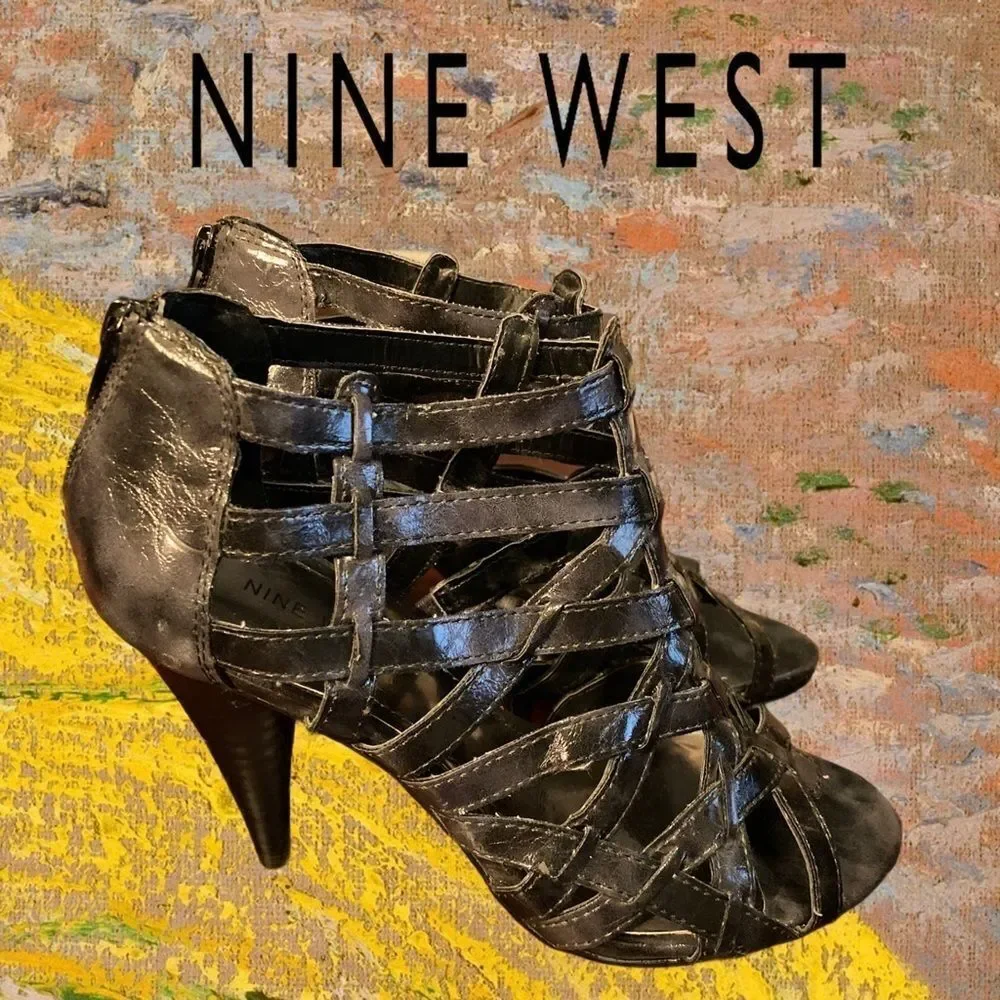 Nine West Pewter/Black Woven Zipper Heels 7.5